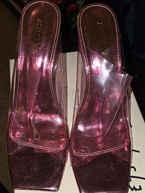 Metallic Pink Clear-Strap Slide Heels — Women's Open-Toe Mules